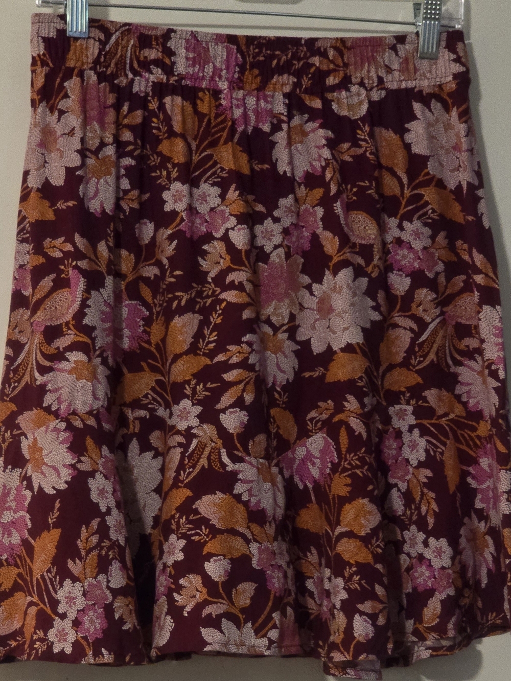 LOFT Burgundy Floral Circle Skirt with Pink & Gold Flowers